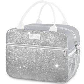 BAOGCOYO Lunch Bag For Women, Leakproof Glitter Lunch Box, Cute Lunch Tote Bag Adult, Large Capacity Insulated Reusable Cooler Lunch Containers for Work Travel Picnic or Office (Silver Bling Glittery)
