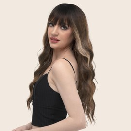 FESHFEN Brown Women's Wig, Long Brown Wigs with Fringe, Wavy Curly Curls, Natural Synthetic Hair Wigs for Women, 60 cm