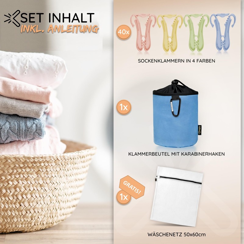 snapix® Sock Clips [Pack of 40] Including Peg Bag and