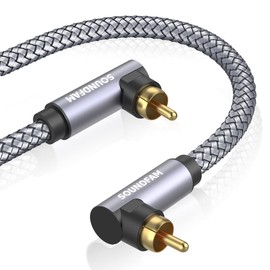 Subwoofer Cable SOUNDFAM Double 90 Degree RCA to RCA Audio Cable [24K Gold-Plated,Hi-Fi Sound] Right Angle RCA Coaxial Cable for Home Theater,Subwoofer,Hi-Fi Systems-Grey (3.3Feet/1M)