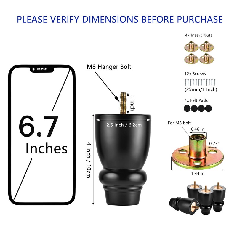 Maricome 4 inch Wooden Legs Bun Feet Set of 4