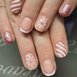 Christmas Press on Nails Short Square Fake Nails with Stripes Design Snowflake Glue on Nails Gold Glitter Stick on Nails Glossy Reusable Winter Xmas French False Nails for Women Girls Holiday Manicure