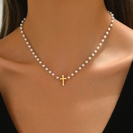 Nawflue Pearl Necklaces for Women 18K Gold Plated Dainty Cross Necklace Gold Flower Daisy Pearls Beaded Choker Necklace Trendy Stainless Steel Bridesmaid Wedding Jewelry