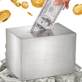 ZEAYEA Piggy Bank for Adults, Stainless Steel Savings Bank Must Break to Open for Cash Saving, Metal Money Bank Only Savings Box, 7.1"X5.1"X5.1"