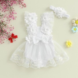 Aiwpstoin Infant Baby Girl Romper Dress Sleeveless Bow Flower Lace Tulle Dress Bodysuit Headband Newborn Summer Outfits (White, 6-12 Months)