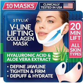 Stylia V Line Lifting Collagen Mask - Lift, Firm & Contour Jawline - Tightening Double Chin Strap with Hyaluronic Acid & Aloe - Neck Tightening and Lifting Mask - Jawline Shaper Face Lift Tape (10PC)