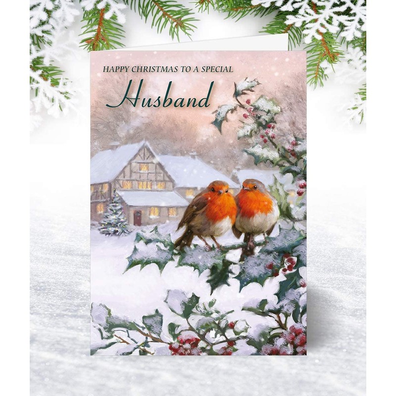 Husband Christmas Card - Two Robins - Medium Sized Card