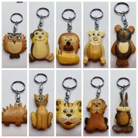 Lot of 10 Cute Wooden Animal Keychains - Cat Dog Lion Owl Tiger Pig Mouse Monkey