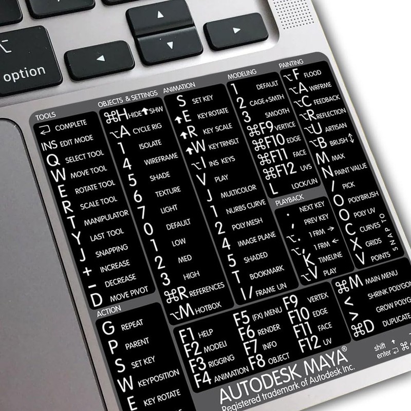 Autodesk Maya Reference Keyboard Hotkeys Decals for Mac OS Black,