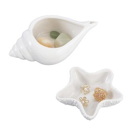 AHANDMAKER 2pcs 2 Styles Ceramic Conch Shell Jewelry Tray, Starfish Trinket Dish White Jewelry Holder Ocean Themed Decorative Plate for Rings Earrings Necklaces Bracelet Watch Keys