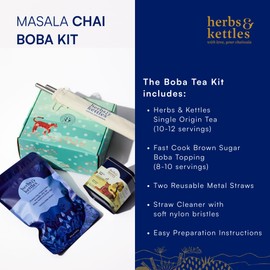 Herbs & Kettles Masala Chai Boba Kit | Assam Black Tea with Ginger, Cardamom, Cinnamon, Cloves & Black Pepper + Chewy Tapioca Pearls | DIY Bubble Tea Kit with Reusable Straws & Easy Instructions