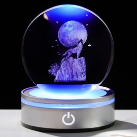 Arikyrist 3.15in. 3D Wolf Crystal Ball Gifts for Women Men, K9 Crystal Decorative Ball Engraved Wolf Figurine Paperweight with LED Light Base for Home Office Decoration for Birthday Christmas