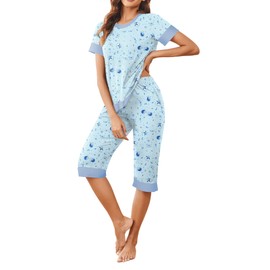 Ekouaer Women's Pajama Sets Short Sleeve Sleepwear Round Neck Pj Loungewear Top and Capri Pants with Pockets