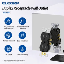 ELEGRP 15 Amp 125V Duplex Receptacle Outlets, Standard Electrical Wall Outlet, TR Tamper Resistant, 2 Pole 3 Wire, Self-Grounding, Residential Grade, UL Listed, Matte Black, 50 Pack