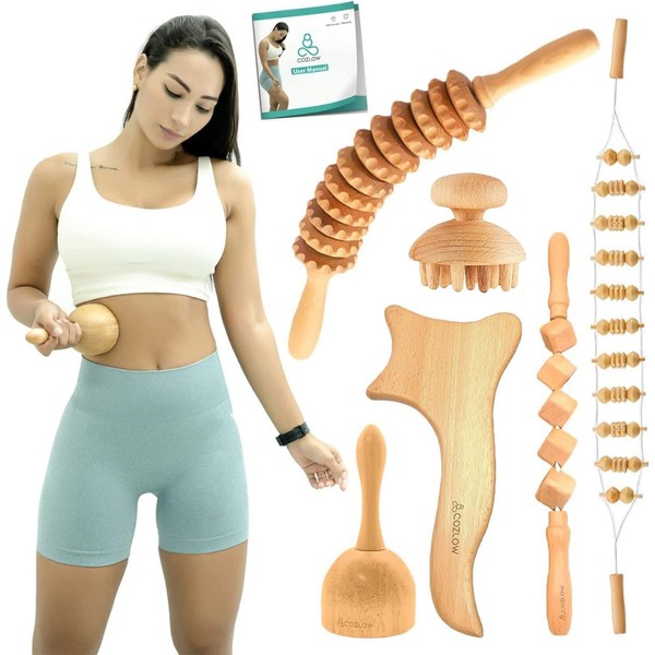 COZLOW 6-in-1 Wood Therapy Massage Tools, Professional Maderoterapia Kit for Body Shaping & Sculpting, Lymphatic Drainage Massage Rollers w/Wooden Cup & Scraper for Reducing Cellulite Appearance