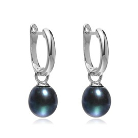 Jo & Co. Freshwater Cultured Pearl and 925 Sterling Silver Rhodium-Plated, Lyre Shaped Hoop and Drop Earrings, 8 X 10 mm Peakock Black Pearls, Detachable Pearl, Some Variation in Colour Tone May Occur