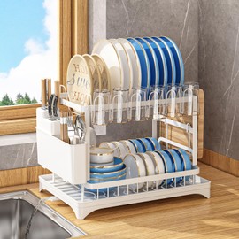 Dish Drying Rack for Kitchen Counter, 2-Tier Stainless Steel Dish Drainer with Drainboard & Utensil Holder, Large Capacity Metal Kitchen Dishes Drying Rack Plate Organizer for Bowls/Cups/Bottles