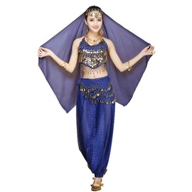 Womens Belly Dancer 4-Piece Costume Set Outfit with top Pants Head Veil Hip Scarf for Arabian Egyptian Dancing (Blue)