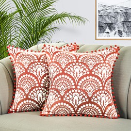 Royal Blaze Rustty Orange Throw Pillow Cases Set of 2 Soft Satin Pillow Covers with Pom Pom 18x18 Inches Hidden Zipper