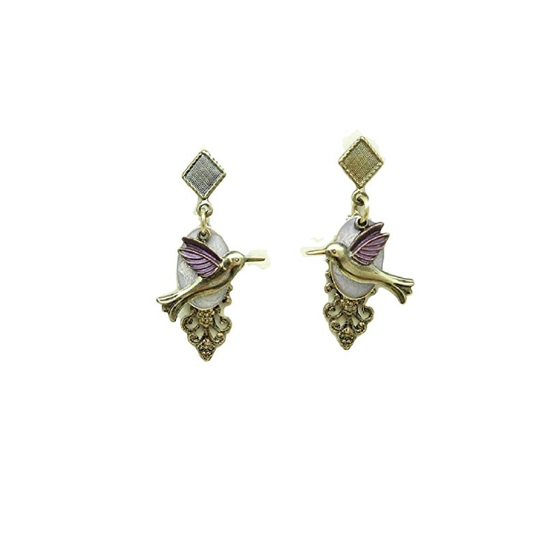 Silver Forest Purple Wings Hummingbird Stud Back Dangle Earrings