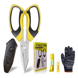 FTECYBO Heavy Duty 8'' Multipurpose Scissors with Protective Cover, Stainless Steel Serrated Blades, Easy Cutting Cardboard, Leather, Fabric, Wires, Nutcracker, Yellow