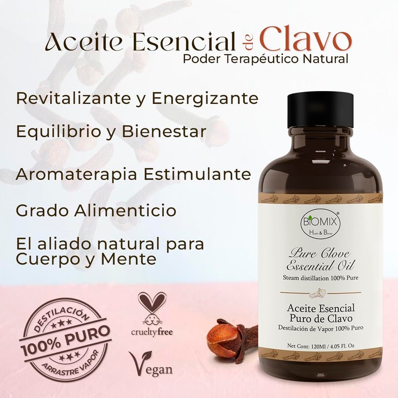 Aceite Esencial 100% Puro de Clavo comestible,Alimenticio y Terapéutico 120