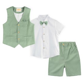 LOLANTA Boys Linen Suit 4 Piece Summer Gentleman Outfit Kids Dress Vest Shirt Shorts Set for Wedding Graduation(Green,10-11)