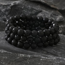 Unbranded 3Pcs Natural Black Stone Bead Bracelets - Elastic Adjustable Fit for Men Women