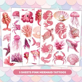 Mermaid Tattoos | Pink Mermaid Temporary Tattoo | Under The Sea Themed Birthday Party Favors, Supplies, Decorations, Tattoo Stickers, School Rewards & Gifts Boys & Girls