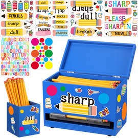 Mifoci 8 Pcs Wooden Pencil Dispenser Kit for Classroom Wooden Pen Holder Straw Dispenser Sharp and Dull Letter Stickers for Teachers Classroom Supplies Storage (Royal Blue)