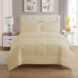 Sweet Home Collection 7 Piece Comforter Set Bag Solid Color All Season Soft Down Alternative Blanket & Luxurious Microfiber Bed Sheets, Beige, King (Pack of 3)