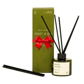 Craft & Kin Santal Woods Christmas Reed Diffuser | All Natural Essential Oil & Rattan Scent Sticks | Holiday Reed Diffusers for Home, Bathroom | Long Lasting Home Fragrance in Green Glass, 3.4oz