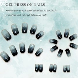 Press On Nails Short - Girls Fashion Acrylic Press On Nails, Square Glue On Nails with Jelly Nail Glue, Fit Perfectly Natural Stick On Nails, 24PCS Soft Gel Fake Nails Kit, Black & White