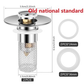 2 Counts 304 Stainless Steel  Bathroom Sink Stoppers, Anti-Clog Pop-Up Sink Drain Strainer Brass Core Basin Drain Strainer（Purchase after confirming the new/old national standards） - Color: 2.4*0.86 inch（Old national standard）