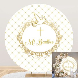 Yeele 5x5ft Mi Bautizo Round Backdrop Gold Cross Dove First Holy Communion Circle Photography Background for Newborn Baby Shower Boys Girls Baptism Christening Party Decoration Photo Booth Props