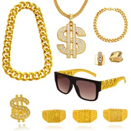 ULZ 90s Hip Hop Jewelry 80s Accessories for Men Costume Kit Rapper Party Outfits Accessories Gold