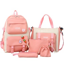 Cnwinu Girls Backpack for School,Girls School Bag Set,Girls Rucksack,Cute Backpack,Tote Bag,Pen Bag,Crossbody Bag,Kids Backpack,Kawaii Backpack,Casual Daily Backpack,Canvas Backpack (Pink)