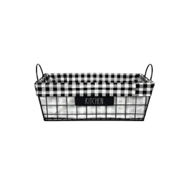 Rae Dunn ‘Kitchen’ Metal Lined Basket - Rustic, Farmhouse, Vintage Style with Wire and Fabric - Storage Organizer for Kitchen, Pantry, Laundry Room, Closet, Nursery, Office - Cute Home Décor