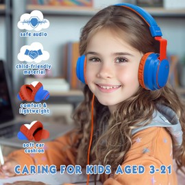 Mokata Headphone Kids Volume Limited 85/96dB Wired Over-Ear/On-Earr Foldable Headset with Inline Cable Aux 3.5mm Cord Mic for Boy Girl Child School PC Notebook Tablet Blue