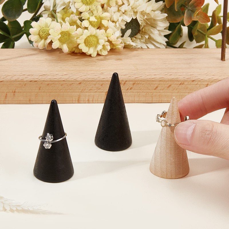 NBEADS 16 Pcs Wooden Ring Displays, 2 Colors Cone Shaped