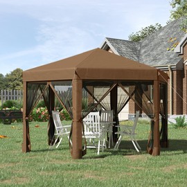 Outsunny 13' x 11' Hexagonal Pop Up Gazebo, Heavy Duty Outdoor Canopy Tent with 6 Mesh Sidewall Netting, 3-Level Adjustable Height and Strong Steel Frame, Brown