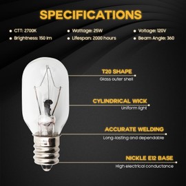 Seentech Pack of 8 E12 T20 25W Incandescent Bulbs for Salt Lamp 120V - Warm White Light 2700K, 150lm - Perfect for Himalayan Salt Lamps & Baskets, Scentsy Plug-in & Wax Warmers, Night Lights