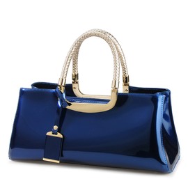 HOXIS Glossy Faux Patent Leather Structured Shoulder Handbag Women Evening Party Satchel (Navy)