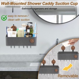 HONGYUETECH Suction Cup Shower Caddy, Removable Plastic Shower Shelf with Drainage, Multi-Use for Bathroom/Kitchen/RV/Hotel, Heavy-Duty Suction Shower Storage Organizer, Gray (Mahogany-L)