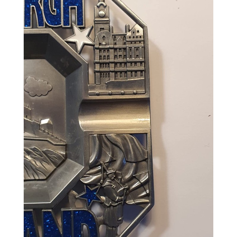 Edinburgh Scotland Metal Ashtray - Castle/Scottish Piper/Highland Cattle/Words in Blue