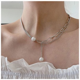 Inateannal Vintage Pearl Y Lariat Necklace Silver Pearl Pendant Necklace Punk Paperclip Choker Necklace Paperclip Pearl Necklace Chain Jewelry for Women and Girls