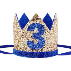 Socub Birthday Hat, Party Crown Headbands for Baby Boy's 3rd Birthday Party Supplies, Golden Blue