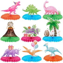 WERNNSAI 9 PCS Dinosaur Party Honeycomb Centerpiece - Dinosaur Birthday Party Decorations for Girls Kids Pink Dino Honeycomb Table Decoration for Birthday Baby Shower Supplies