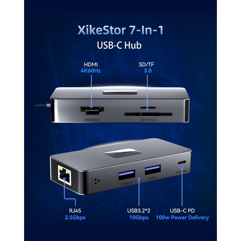 XikeStor 7-in-1 USB-C Hub, 2.5Gbps Ethernet, 2X USB-A 3.2,100W Power