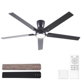 Sevenine 60 Inch Black Flush Mount Ceiling Fans with Lights and Remote, Black Low Profile Ceiling Fan for Bedroom Living Room Patio/Outdoor, Quiet 6 Speed Reversible DC Motor, 3CCT, Dimmable, 3 Timers